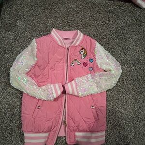 Girls Pink Sequin-Sleeve Unicorn Bomber Jacket
